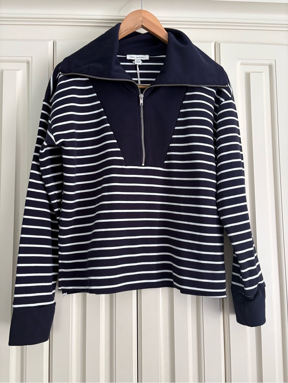 Preppy Cotton Blend Navy & White Striped Half-Zip Pullover Top Large 12-14 NWT